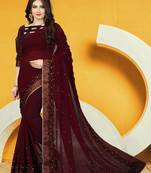 Brown embroidered georgette saree with blouse