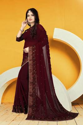 Brown embroidered georgette saree with blouse 3