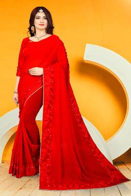 Red embroidered georgette saree with blouse 1