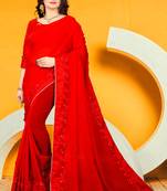 Red embroidered georgette saree with blouse