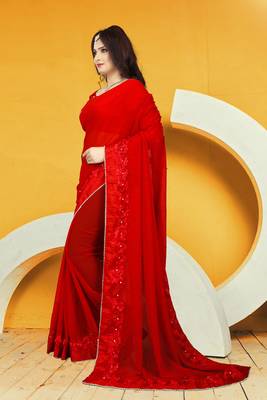 Red embroidered georgette saree with blouse 3