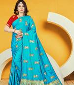 Light blue embroidered pure silk saree with blouse