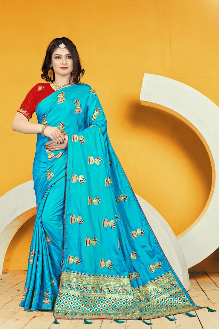 Light blue embroidered pure silk saree with blouse