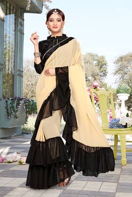 Beige embroidered georgette saree with blouse 1