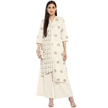 White color Straight Gold Foil Kurta Palazzo set 1