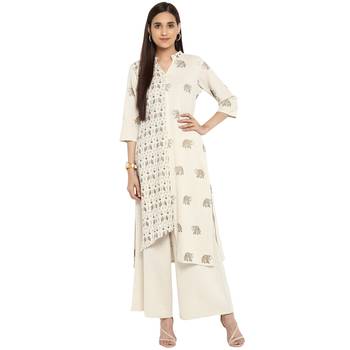 White color Straight Gold Foil Kurta Palazzo set 2