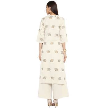 White color Straight Gold Foil Kurta Palazzo set 3
