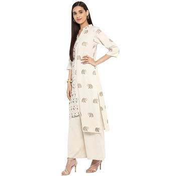 White color Straight Gold Foil Kurta Palazzo set 4