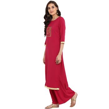Magenta color Straight Gold Foil Kurta 4