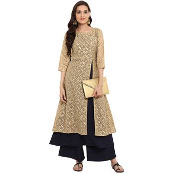 Navy Blue color Flared Foil Print Kurta 1