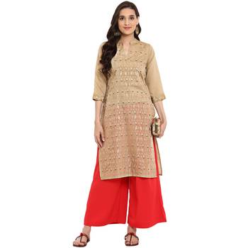 Red color Straight Foil Print Kurta Palazzo set 1