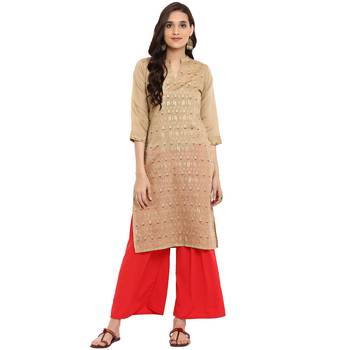 Red color Straight Foil Print Kurta Palazzo set 2