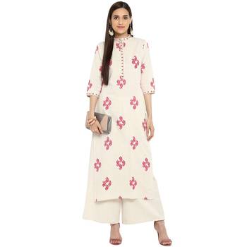 White color Straight Foil Print Kurta Palazzo set 1