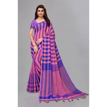 Pink  and Blue bengal handloom linen saree with blouse 2