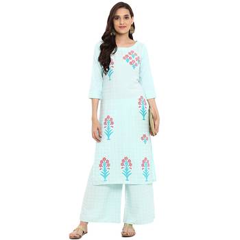 Summer Blue color Straight Foil Print Kurta Palazzo set 1