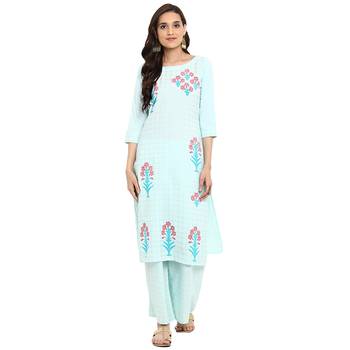 Summer Blue color Straight Foil Print Kurta Palazzo set 2