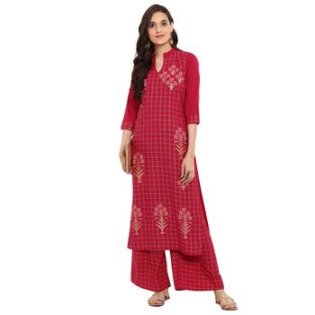 Maroon color Straight Foil Print Kurta Palazzo set 1