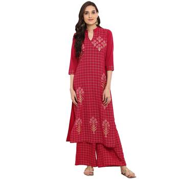 Maroon color Straight Foil Print Kurta Palazzo set 2