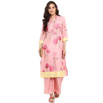 Pink color Straight Digital Print Kurta Palazzo set 1