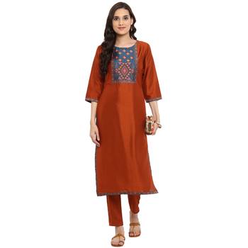 Brown color Straight Digital Print Kurta Pant Set 1