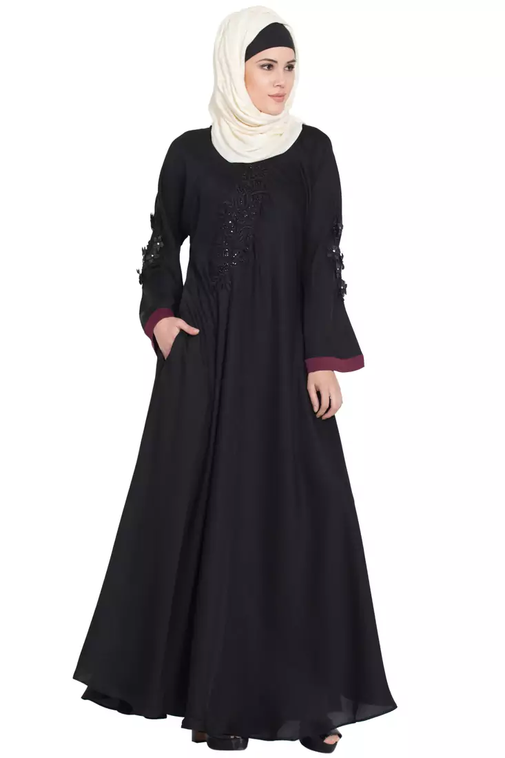 Nazneen Embroidered Patch Umbrella Black Abaya