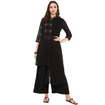 Black color High Low Foil Print Kurta Palazzo set 1