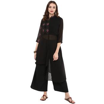 Black color High Low Foil Print Kurta Palazzo set 2