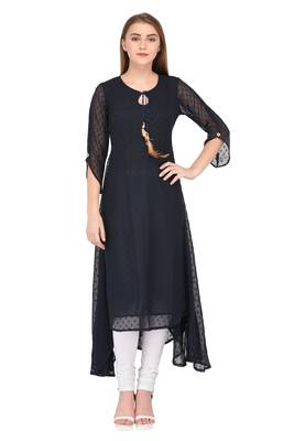 Dark-blue plain chiffon ethnic-kurtis 1