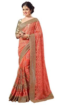 Light orange embroidered net saree with blouse 1