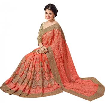 Light orange embroidered net saree with blouse 2