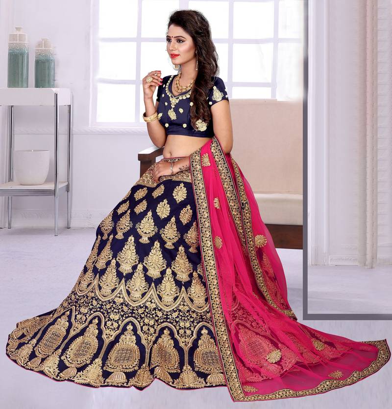 Blue thread embroidery silk semi stitched lehenga ZELLY 2812398