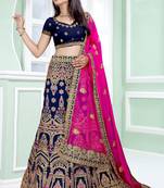 Blue thread embroidery silk semi stitched lehenga