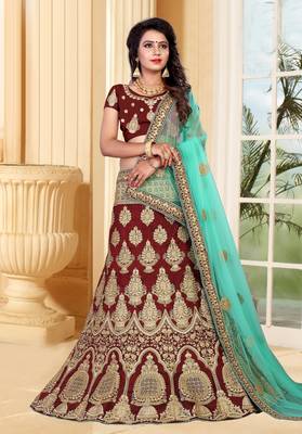 Maroon thread embroidery silk semi stitched lehenga 2