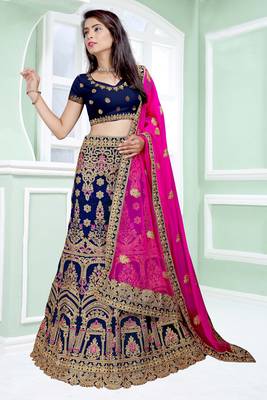 Blue thread embroidery silk semi stitched lehenga 2