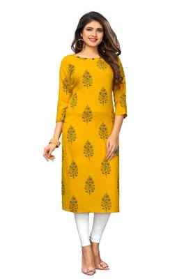 Yellow printed rayon kurtis 4