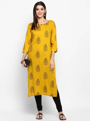 Yellow printed rayon ethnic-kurtis 1