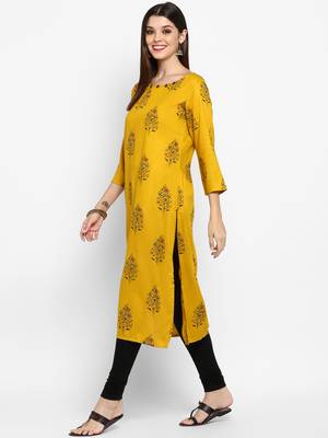 Yellow printed rayon ethnic-kurtis 3