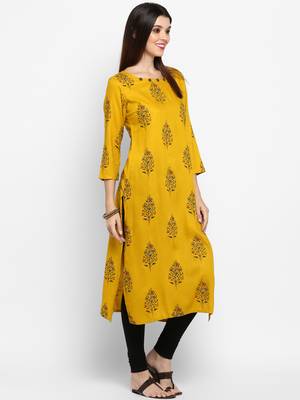 Yellow printed rayon ethnic-kurtis 4
