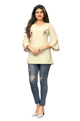 Beige embroidered cotton cotton-kurtis 1