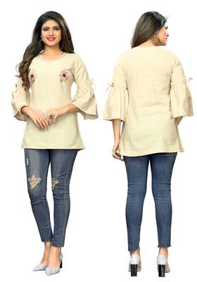 Beige embroidered cotton cotton-kurtis 5