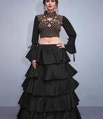 Black embroidered silk semi stitched lehenga