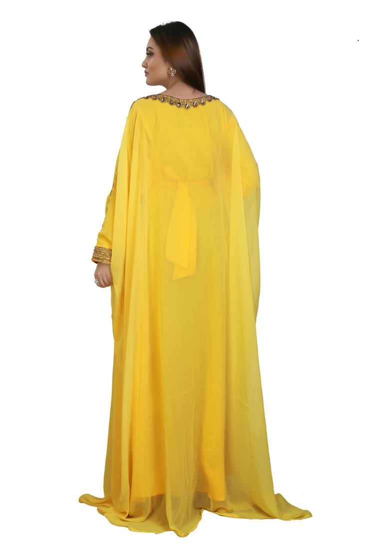 Yellow Georgette Embroidered Zari Work Islamic Kaftans