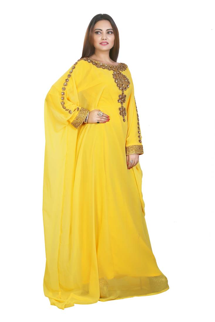 Yellow Georgette Embroidered Zari Work Islamic Kaftans