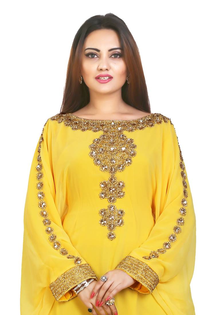 Yellow Georgette Embroidered Zari Work Islamic Kaftans