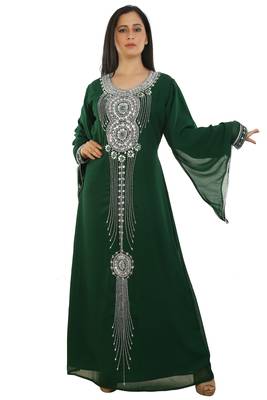 Green Georgette Embroidered Zari Work Islamic Kaftans 3