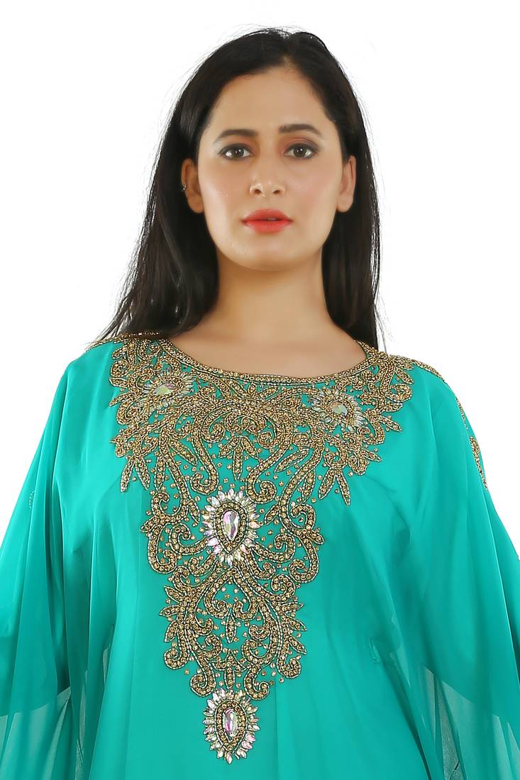 Light Green Georgette Embroidered Zari Work Islamic Kaftans