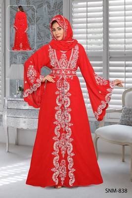 Georgette Red Embroidered Zari Work Islamic Kaftans With Hijab 1