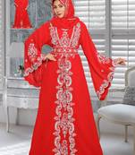 Georgette Red Embroidered Zari Work Islamic Kaftans With Hijab