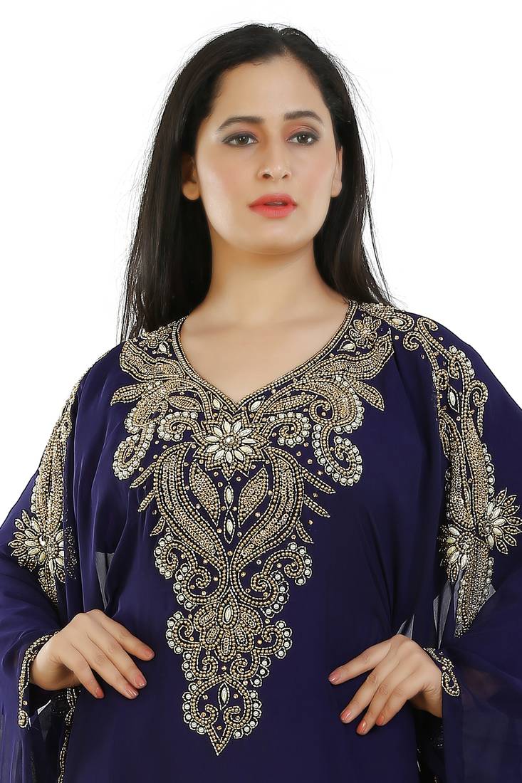 Navy Blue Georgette Embroidered Zari Work Islamic Kaftans