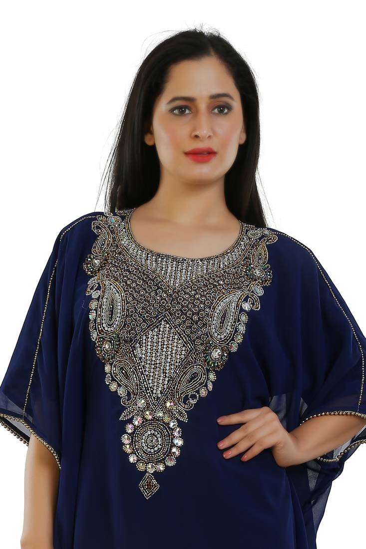 Navy Blue Georgette Embroidered Zari Work Islamic Kaftans